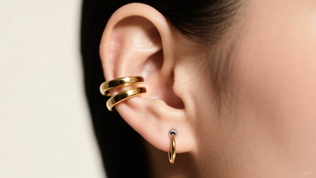 Elegant gold ear cuff wrapping around upper cartilage, bypassing a stretched lower lobe piercing, shown in soft studio lighting.