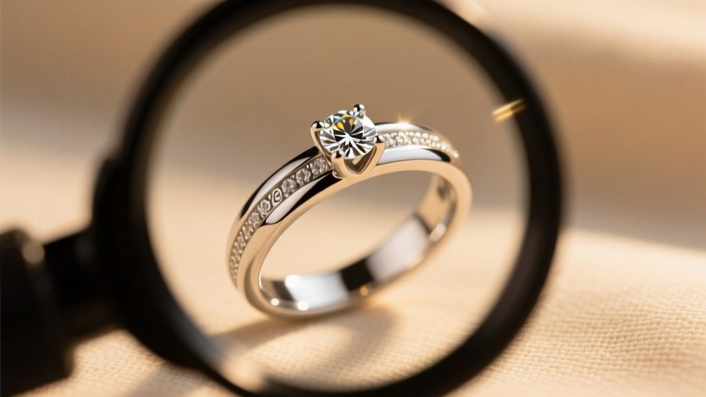 Macro view through a jeweler's loupe inspecting four platinum prongs securing a 1.25 carat round brilliant diamond earring post.