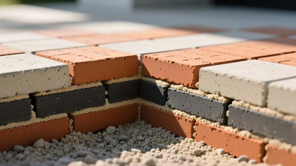 Cross-section of interlocking concrete and clay brick pavers installed over compacted aggregate base with polymeric sand joints