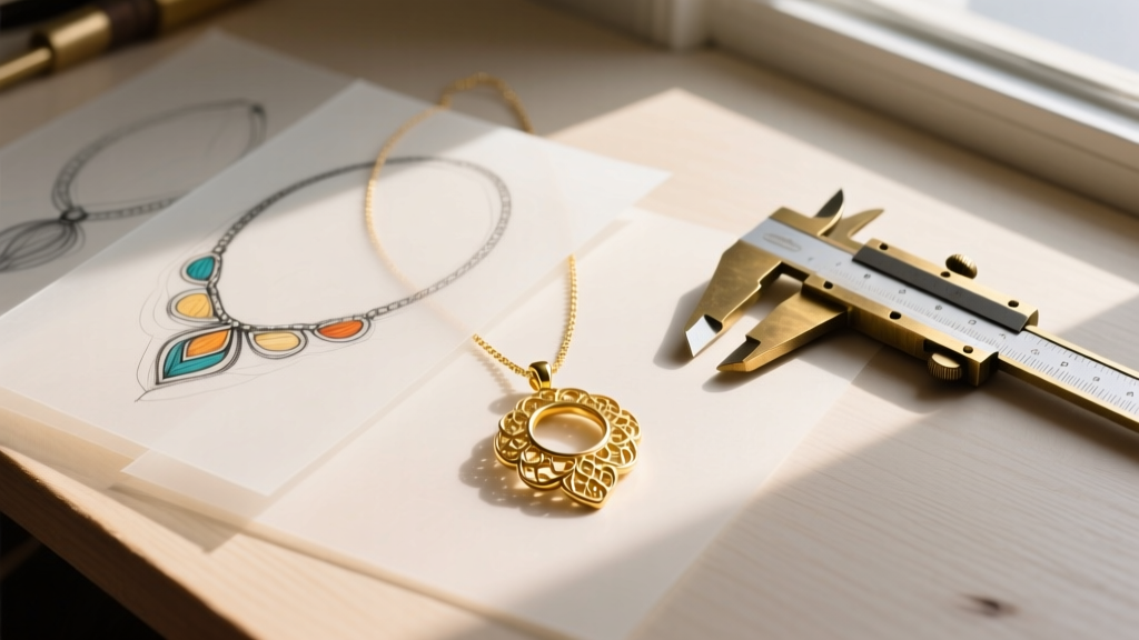 Top-down view of a workbench featuring hand-drawn necklace drawings on vellum, a brass caliper, and a finished 18k gold pendant.
