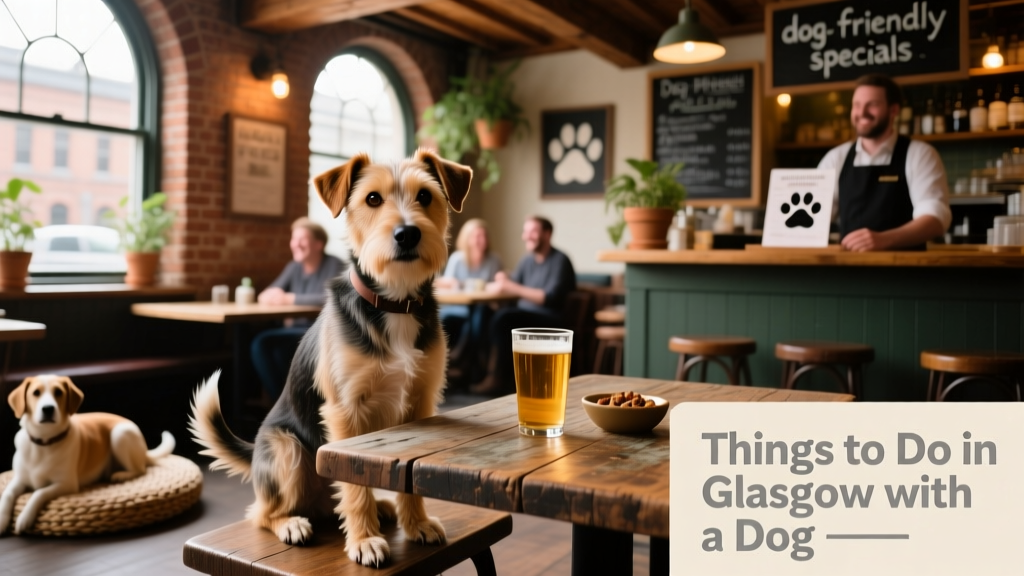 A friendly terrier-style dog sitting calmly beside a wooden table in a bustling, dog-friendly Glasgow pub