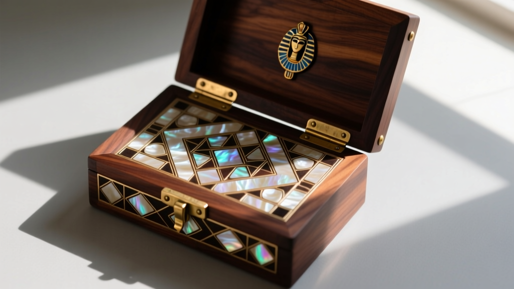 Top-down view of an open artisan Egyptian jewelry box with mother-of-pearl geometric inlay on dark cedar wood and brass hinges
