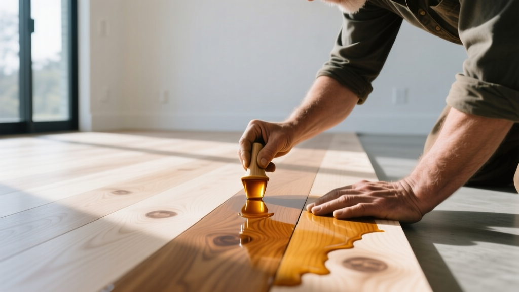 Close-up of a craftsman applying a natural hardwax oil finish to a wide-plank white oak hardwood floor in a sunlit modern home