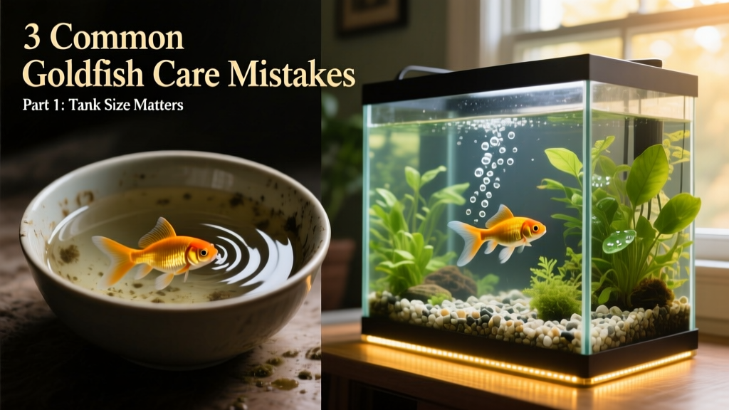 Side-by-side comparison of a cramped bowl versus a spacious, filtered 20-gallon goldfish tank with plants and clean gravel
