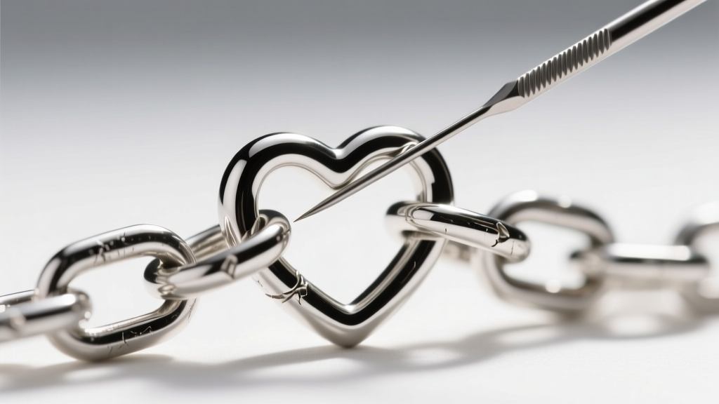 Macro shot of a fine steel needle untangling a delicate silver heart link chain, highlighting the intricate cleft of the links