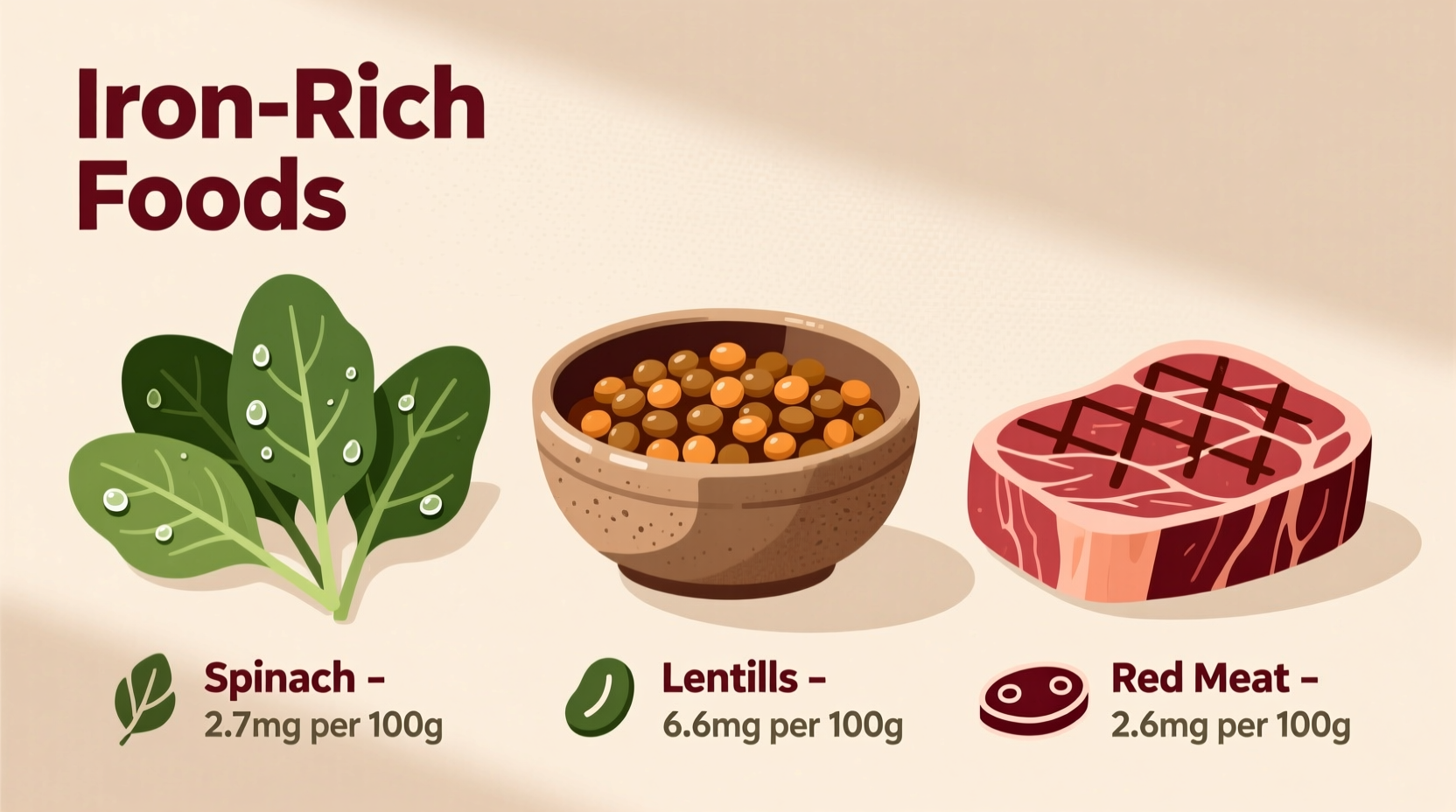 Iron-rich foods including spinach, lentils, and red meat