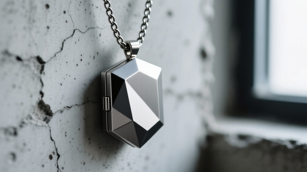 Macro shot of a brutalist titanium locket pendant with a matte finish on a 3mm cuban link chain against a blurred concrete wall.