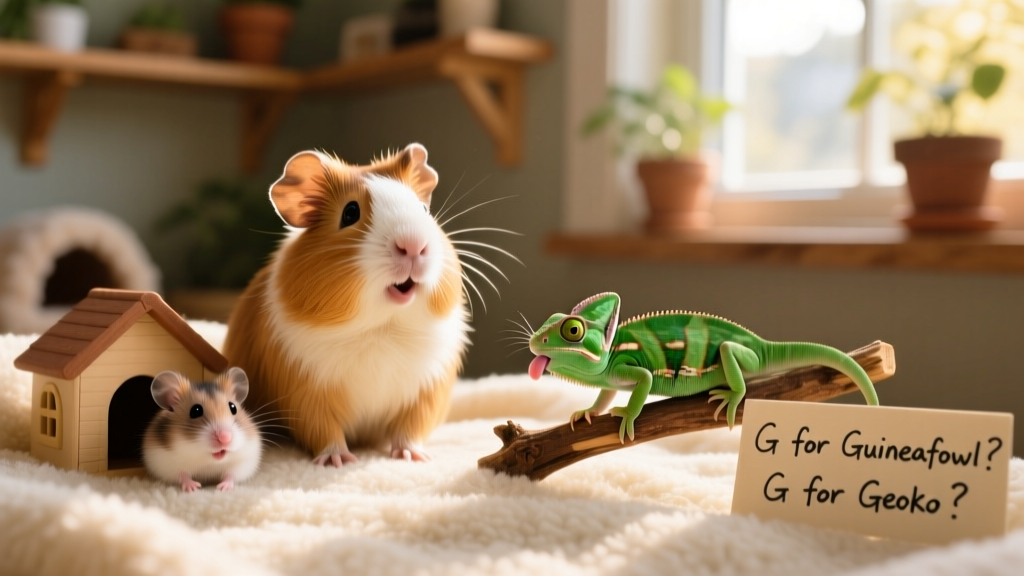 A joyful group of exotic pets—including a guinea pig, a dwarf hamster, and a green anole—arranged playfully on a soft fleece blanket