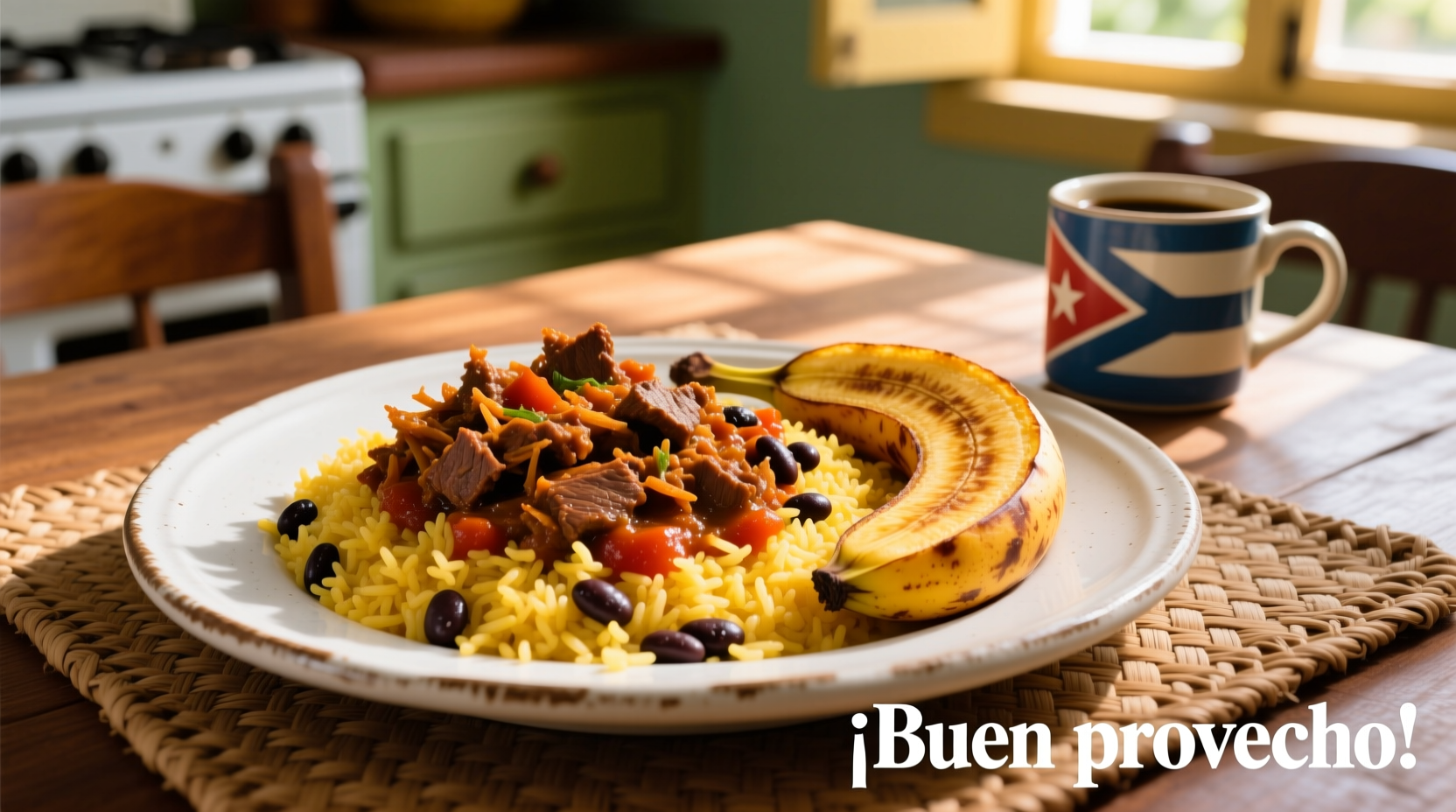 Traditional Cuban meal with ropa vieja, rice, and plantains