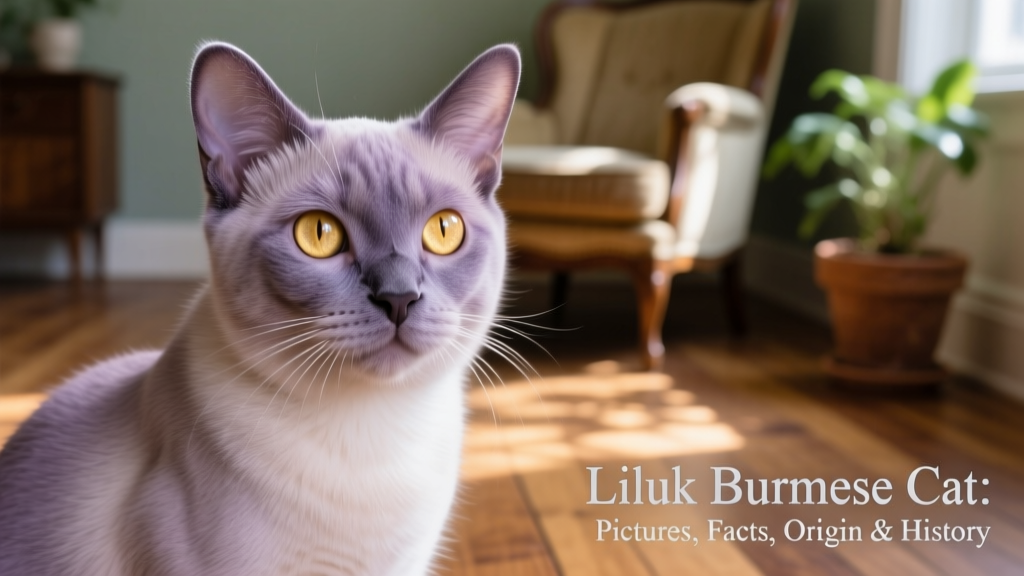 A close-up portrait of a lilac Burmese cat with striking golden eyes, soft fur, and an affectionate expression