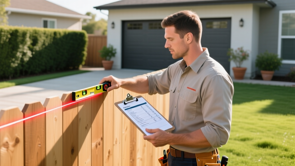 Contractor measuring a wooden privacy fence line with a laser measure while reviewing a cost estimate clipboard in a suburban backyard