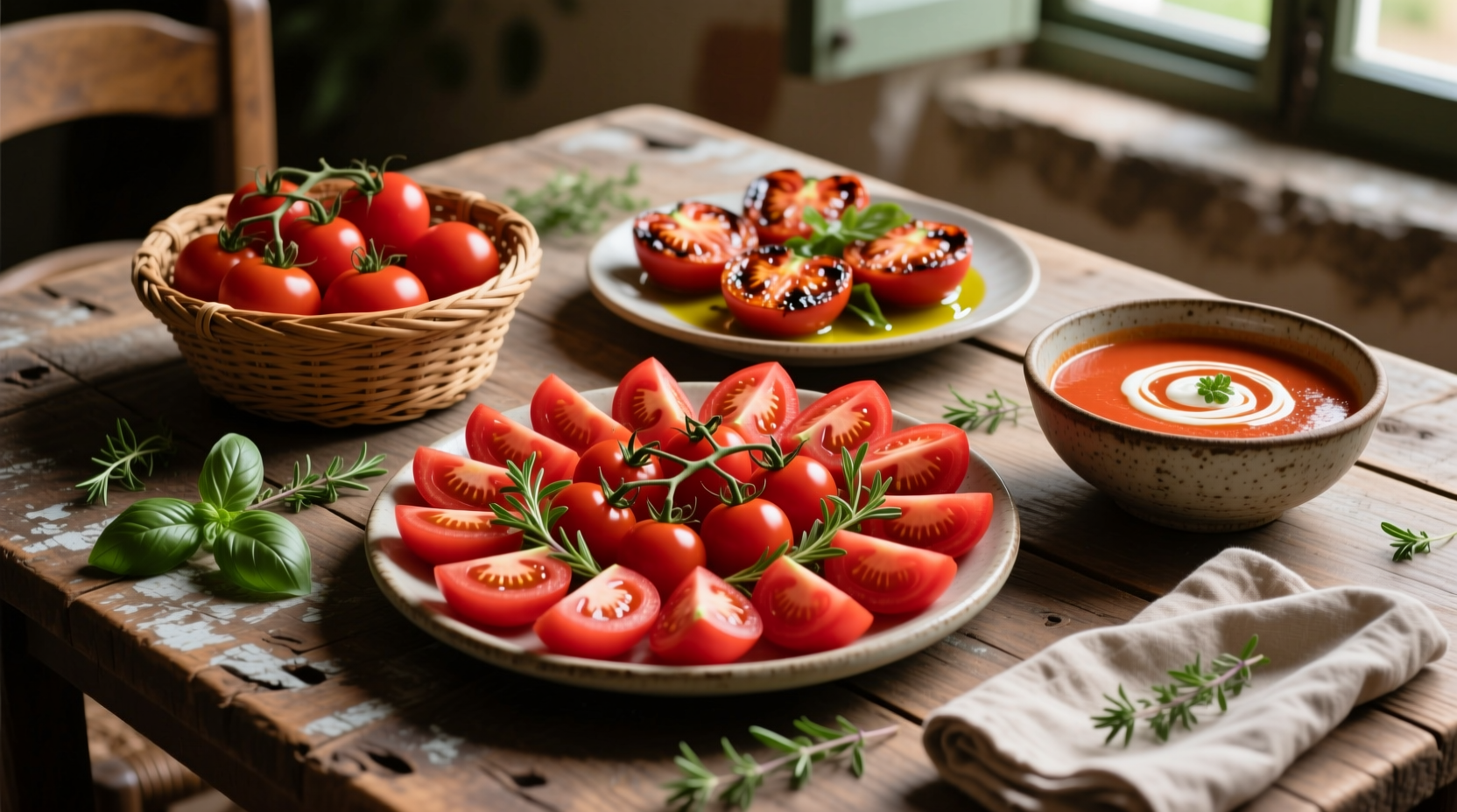 Fresh tomato dishes arranged on rustic wooden table