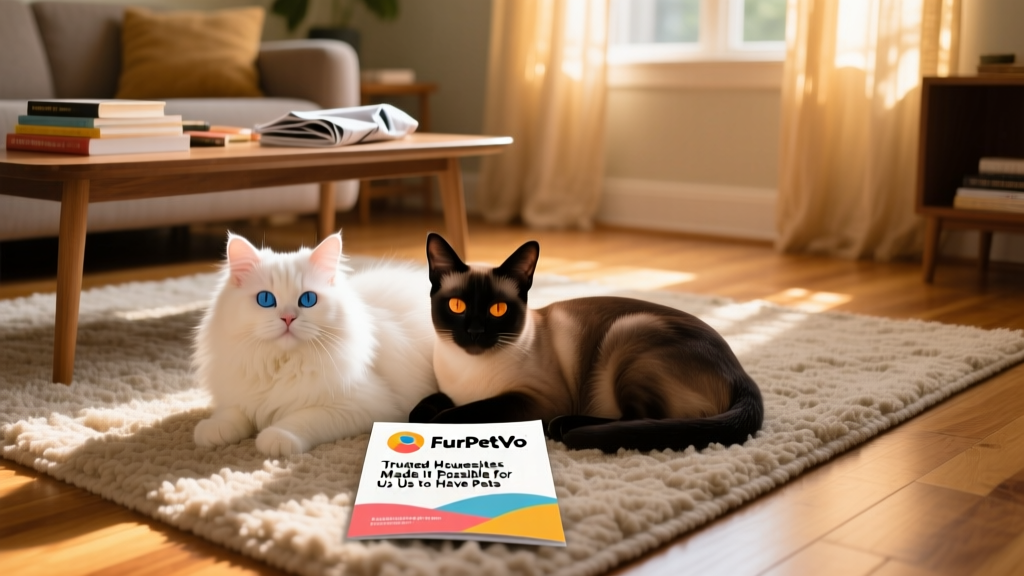 A cozy living room scene showing Peach and Mavis napping together on a soft rug, with a FurPetVo brochure visible on a nearby coffee table