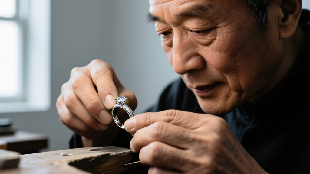 Close-up of a jeweler's hands using a rawhide mallet to shape a delicate sterling silver rope chain around a steel ring mandrel.