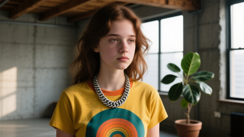 Teen girl wearing a chunky sterling silver pendant necklace over a vintage graphic tee, looking away in a moody film-photo style.
