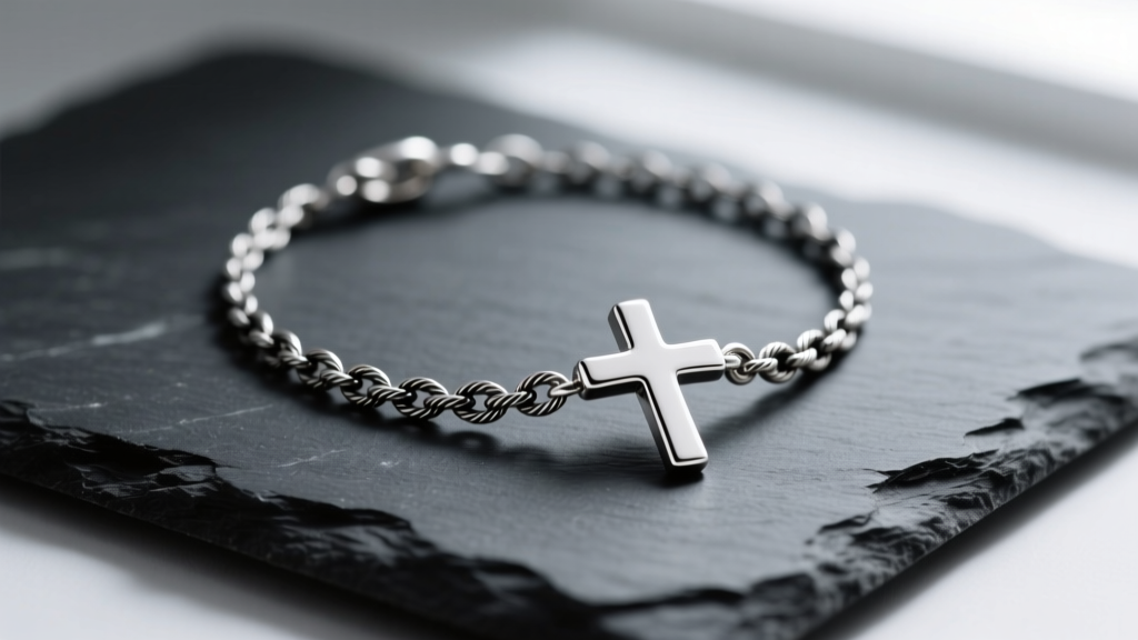 Delicate 925 sterling silver small cross necklace on dark slate, highlighting subtle black oxidation on the fine cable chain links.