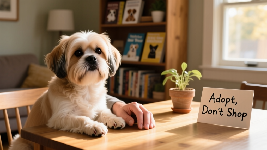 A gentle Shih Tzu sitting calmly beside a person's hand, conveying trust and warmth