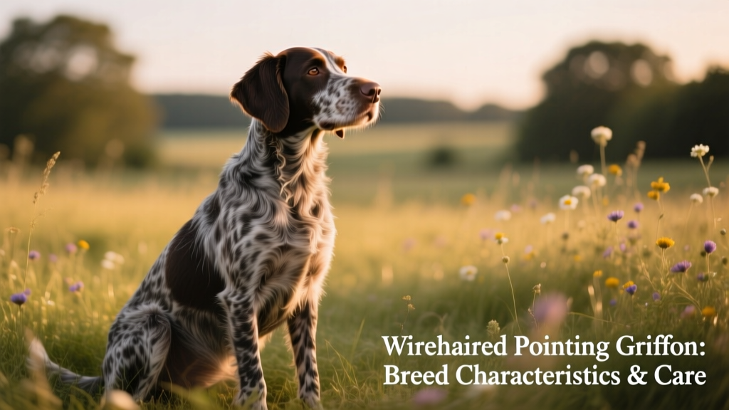 Wirehaired Pointing Griffon sitting calmly in grassy outdoor setting, showcasing its wiry coat and gentle expression