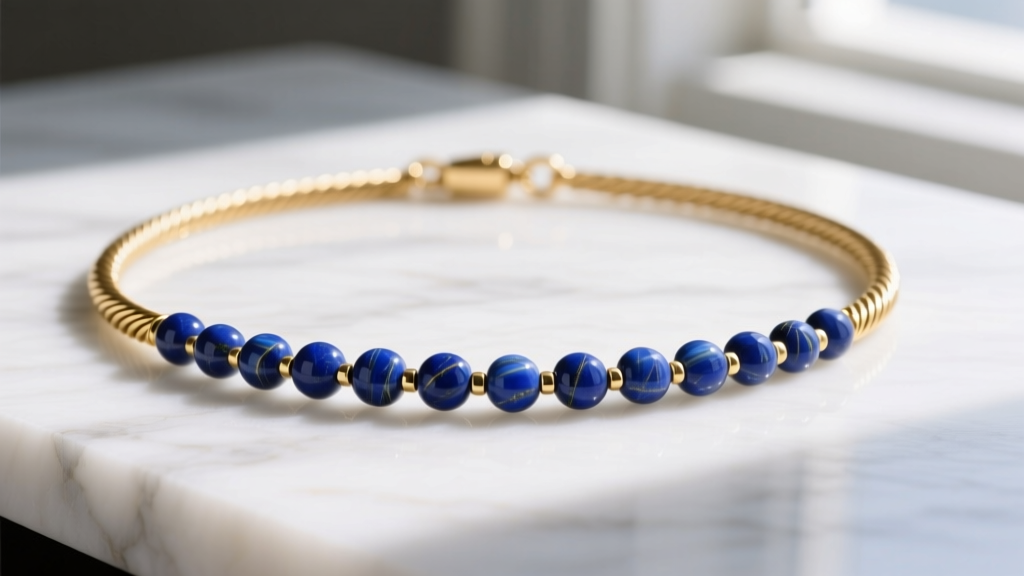 Close-up of a 14k gold cable chain necklace with evenly spaced lapis lazuli station beads on a white marble surface.