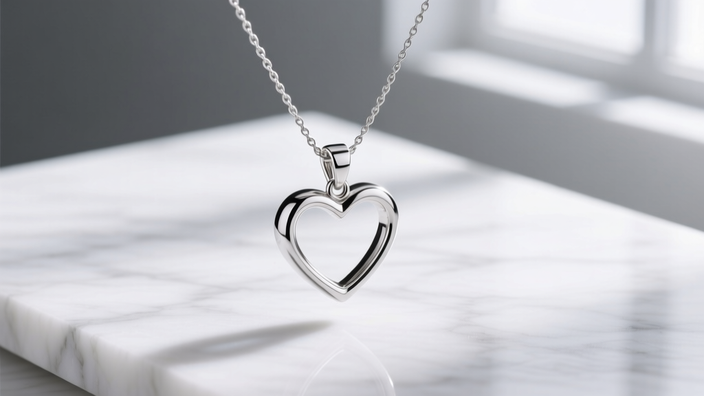 Close-up of a sterling silver floating heart necklace on white marble, showing the invisible nylon wire and delicate tension clasp.