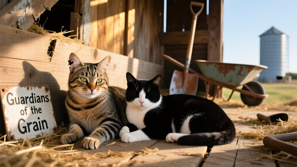 Two working cats resting side-by-side in a sunlit corner of a weathered wooden barn