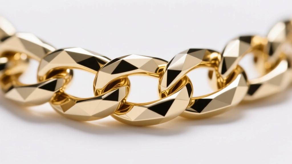 Macro photography of a diamond-cut 14k gold puffed paperclip chain, highlighting faceted links reflecting studio lighting