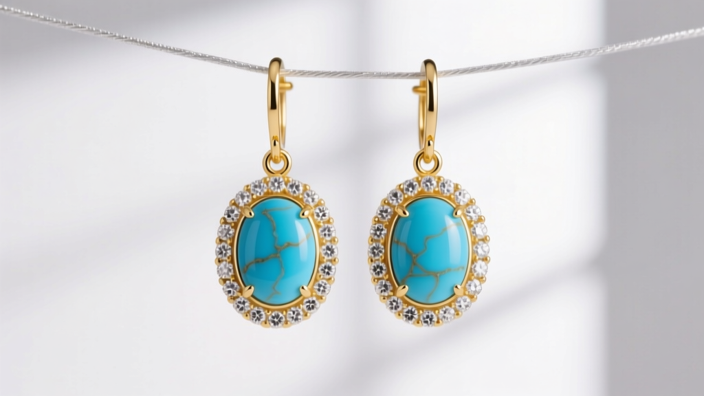 Close-up of 14k yellow gold drop earrings with blue Sleeping Beauty turquoise cabochons and a diamond halo, soft studio lighting.