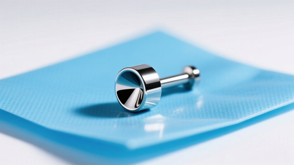 ASTM F136 titanium labret stud with mirror finish resting on a sterile blue medical drape under bright clean studio lighting.