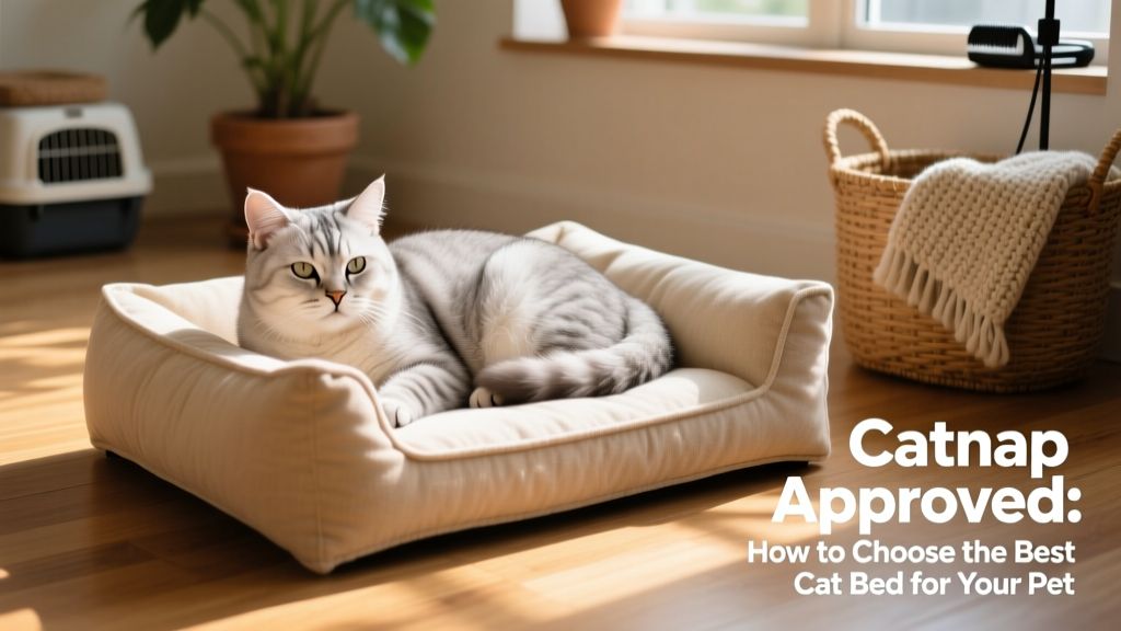 A senior cat resting peacefully on a low-profile orthopedic cat bed with bolsters