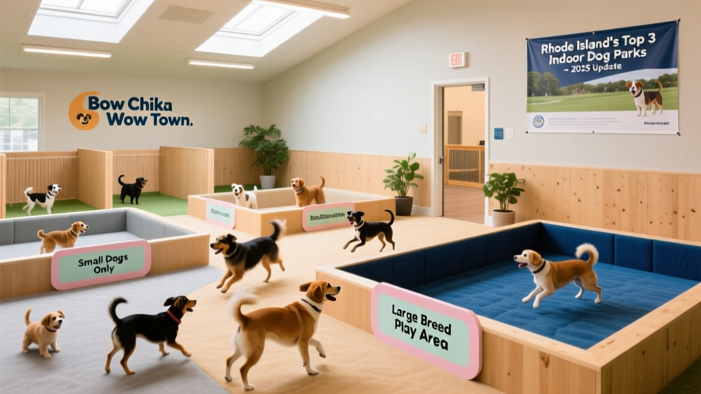 Dogs playing in separate size-based zones at Bow Chika Wow Town, with visible signage and soft flooring