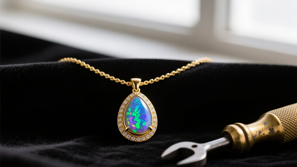 14k gold OSRS opal necklace replica with a bezel-set teardrop opal resting on dark velvet next to a brass jeweler's pusher tool.