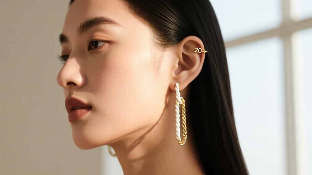 Side profile of a model wearing delicate 20-gauge white gold cable link chain earrings, highlighting thin wire and lobe drape.
