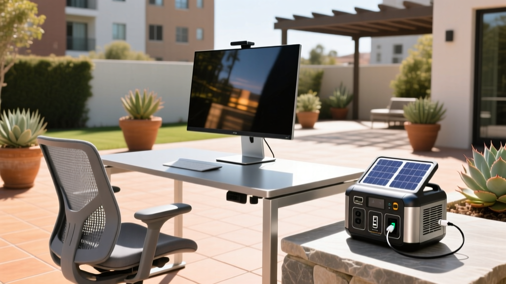 Patio desk setup featuring a high-nit outdoor monitor, weather-resistant chair, and portable solar generator in bright sunlight