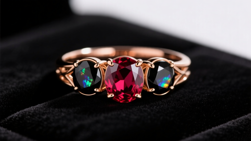 Rose gold ring with a vivid red ruby flanked by two black opals, resting on dark velvet under soft, elegant studio lighting.