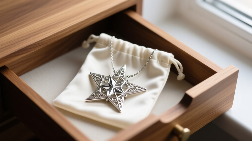 A moravian star necklace carefully stored inside a specialized anti-tarnish flannel pouch within a neat wooden jewelry drawer