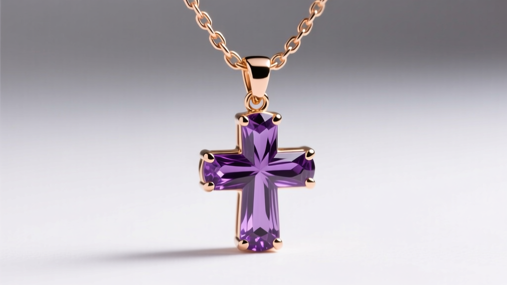 A 1.2mm 14k rose gold box chain threading through the bail of a cabochon amethyst cross pendant, highlighting the metal texture.