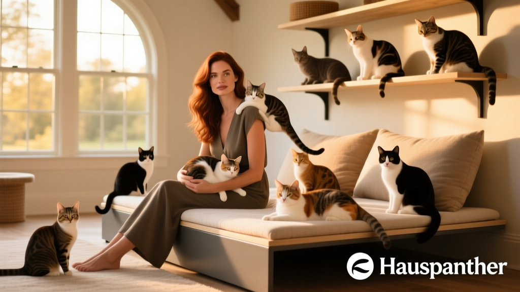 Kate Benjamin with several of her cats lounging on a sleek FurPetVo NestEgg raised cat bed