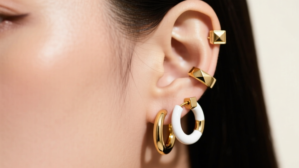 Close-up of a curated ear stack featuring a mixed-metal hoop earring set with 14k gold and white gold huggies on a model