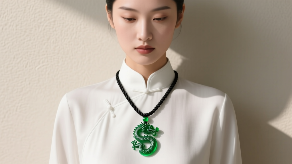 Woman wearing a dark green dragon jade pendant on a black braided silk cord over a crisp white mandarin collar linen shirt.