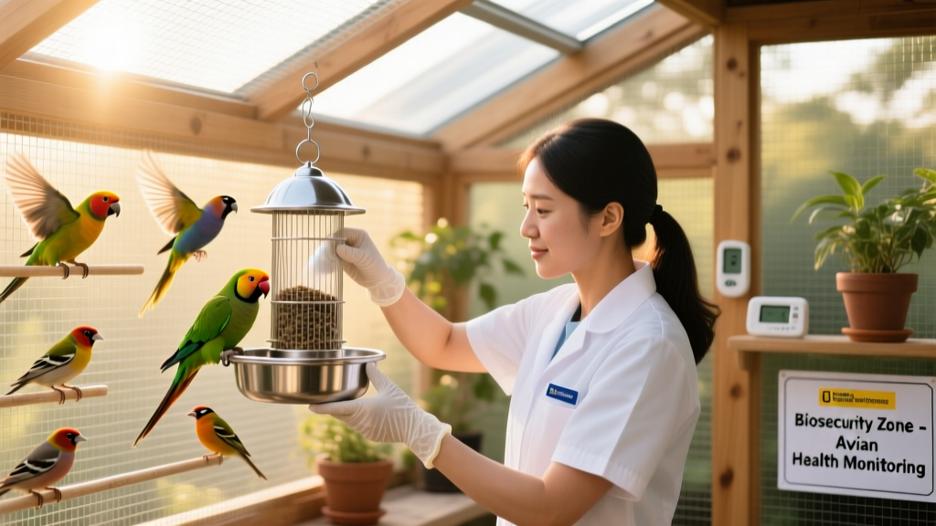 A pet sitter wearing clean gloves while carefully refilling a bird feeder inside a secure, netted aviary