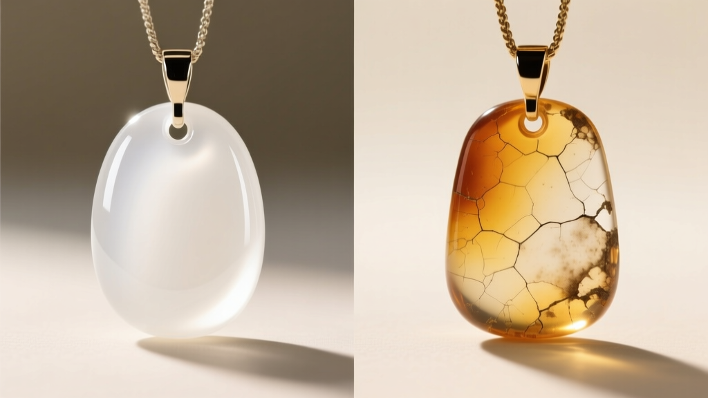 Split macro photo showing a pristine white resin pendant on the left and a UV-yellowed, degraded acrylic piece on the right.