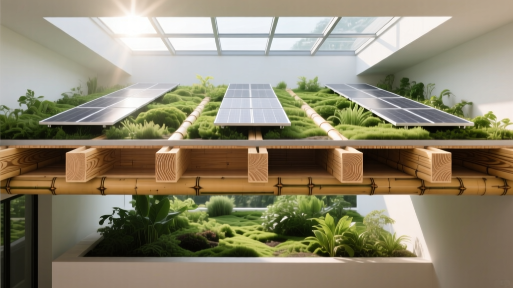 Architectural cross-section showing engineered laminated bamboo lumber beams supporting a modern green roof alongside solar panels