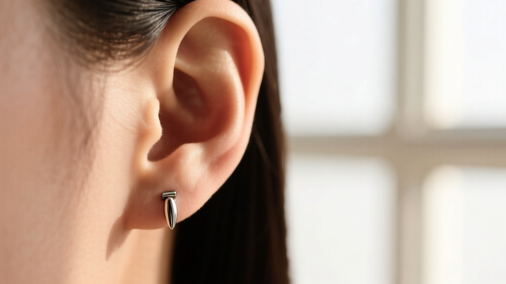 Close-up of a healthy earlobe piercing wearing a minimalist 16-gauge titanium stud earring, bathed in soft natural window light.