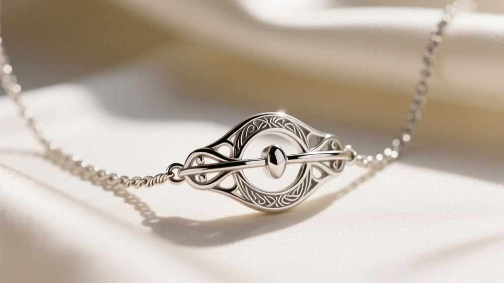 Macro close-up of a sterling silver Arwen necklace clasp and delicate 0.9mm cable chain links against a blurred silk background.