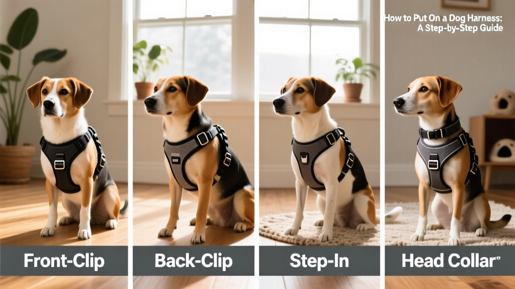 Side-by-side comparison of four common dog harness types: front-clip, back-clip, step-in, and head collar