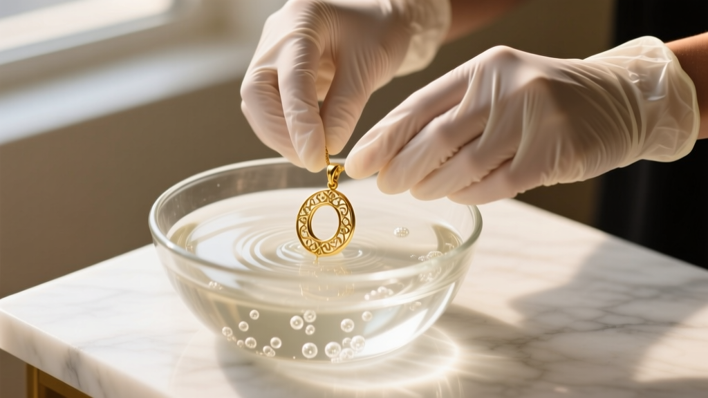 Hands in nitrile gloves gently washing a delicate gold filled pendant in a glass bowl of lukewarm water and mild pH-neutral soap