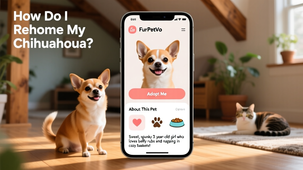 Screenshot-style graphic showing a friendly, mobile-optimized FurPetVo Rehome profile page for a Chihuahua