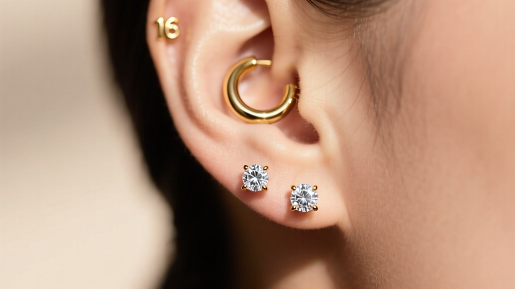 Side profile of an ear stack with a 16-gauge gold hoop in the top hole and two small diamond studs below, soft blurred background.