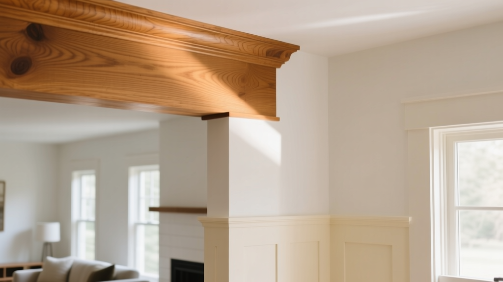 Close-up of stained white oak crown molding meeting a painted poplar baseboard in a sunlit modern craftsman living room with white walls