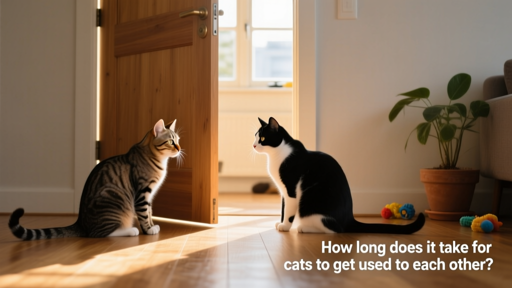 Two cats observing each other from opposite sides of a slightly open door, calm but alert